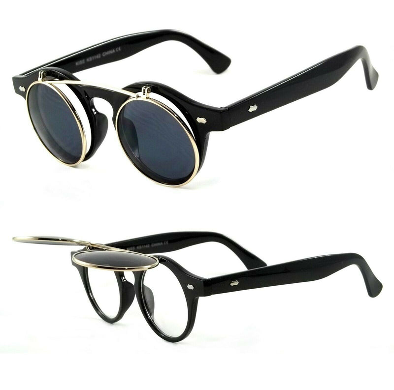 Retro Classic Sunglasses Flip Up Crestline Smoke Lens Round Frame