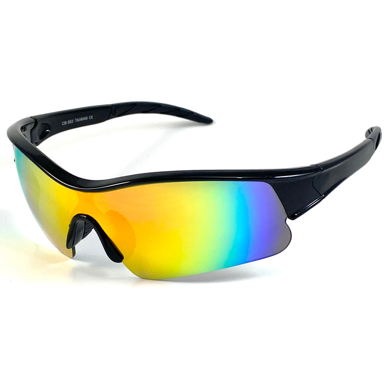 Cool Sport Sunglasses Wrap Around Large Black Frame Mirror Lens SPR104